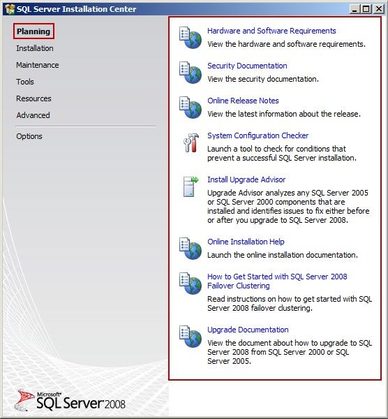 SQL Server Installation Center